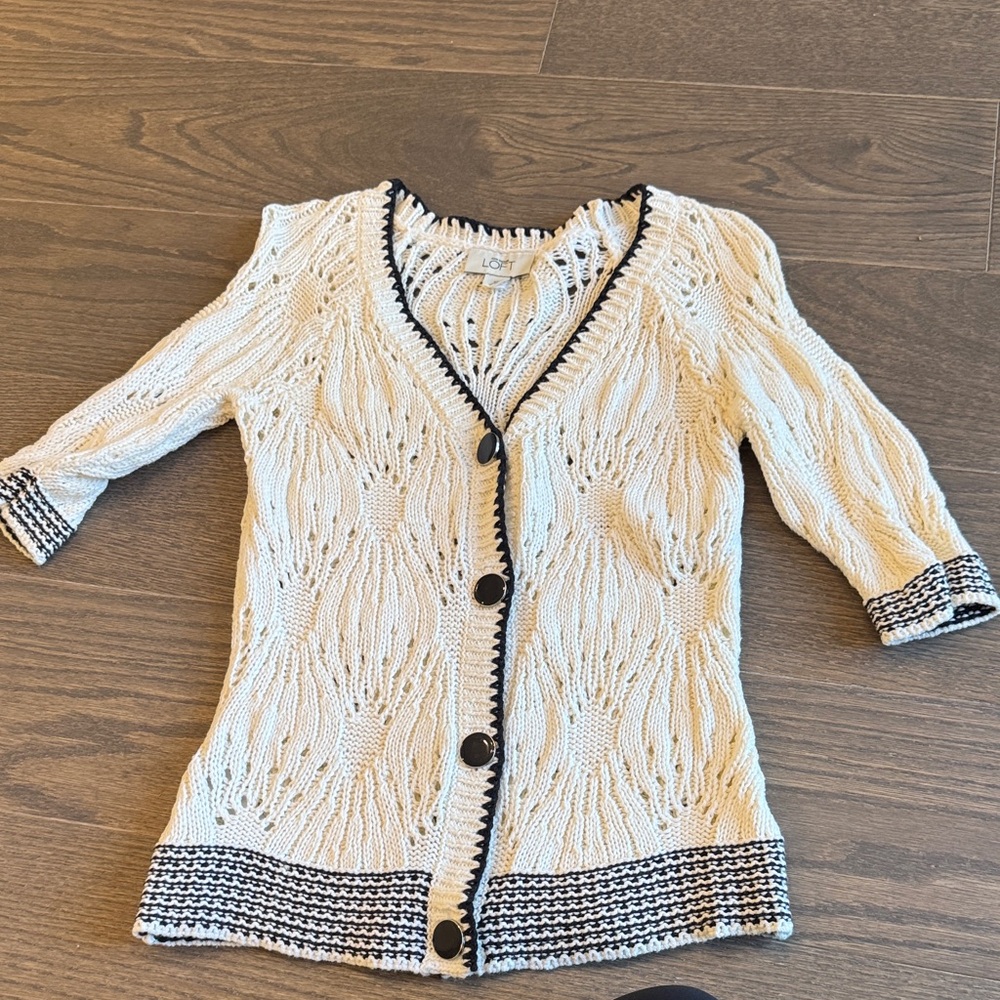 LOFT Cream Cardigan with Black Trim